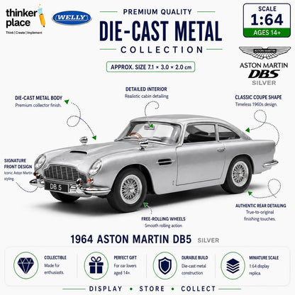 Welly 1:64 Aston Martin DB5 1964 Silver Die-Cast Metal Model Car