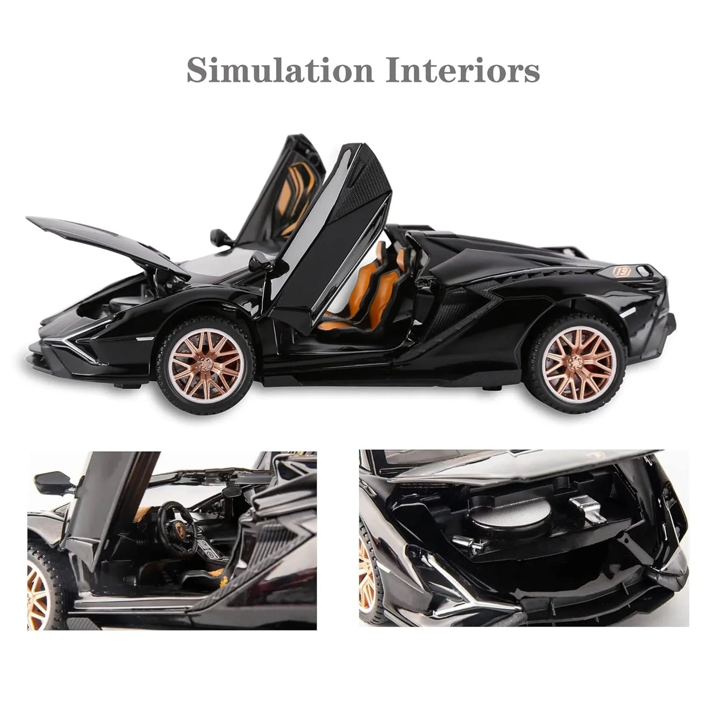 Lamborghini SIAN 1:32 Scale Die-Cast Metal Pull Back Toy Car – Black Model with Openable Doors, Sound & Light - Jaiman Toys