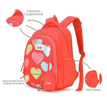 Genie Maisy Kids Backpacks, 15 inches, Cute, Colourful bags for girls, Water Resistant and Lightweight. 3 compartment with Happy Pouch - Jaiman Toys