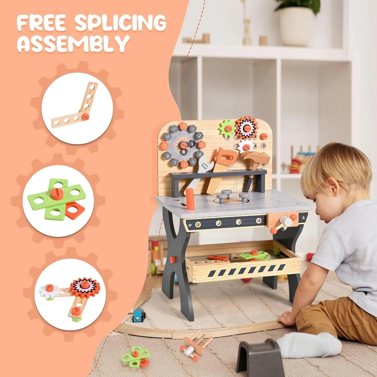 Junior Builders Wooden Tool Bench – Pretend Play Workstation with Tools for Kids, 3+ - Jaiman Toys