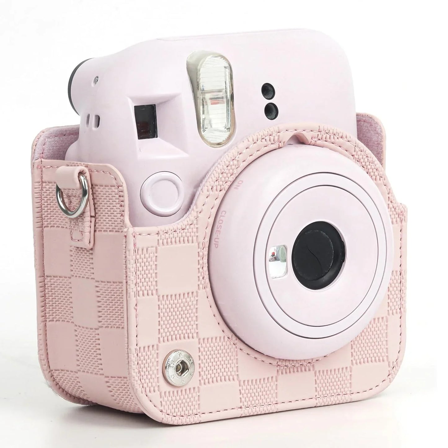 Checkmate Style – Chess Board PU Leather Camera Case for Instax Mini 12 with Adjustable Strap - Blossom Pink - Jaiman Toys