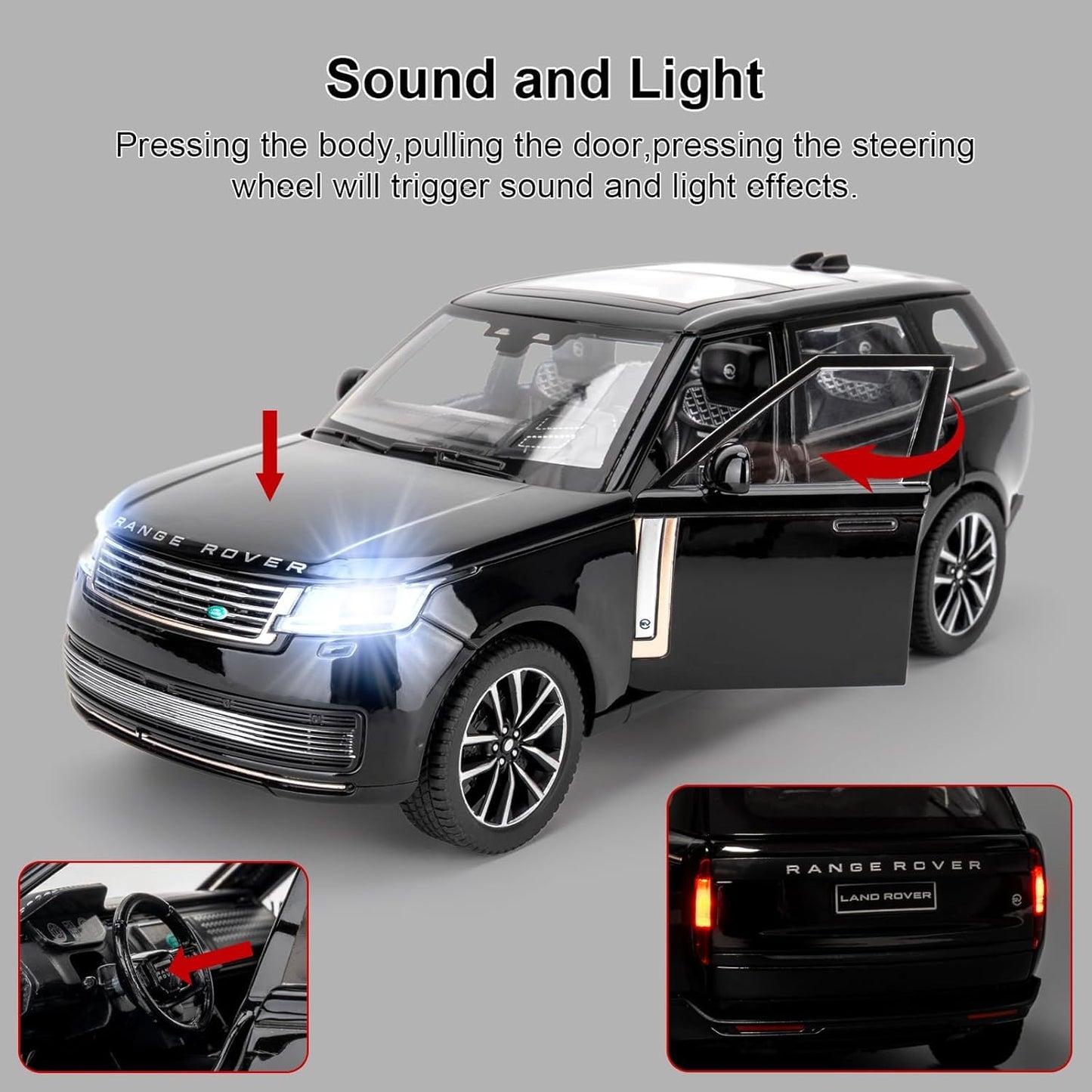 Joy Junction Range Rover SV 2022 1:24 Diecast Car Black – Alloy Metal Pullback Toy SUV with Lights, Sound & Opening Doors