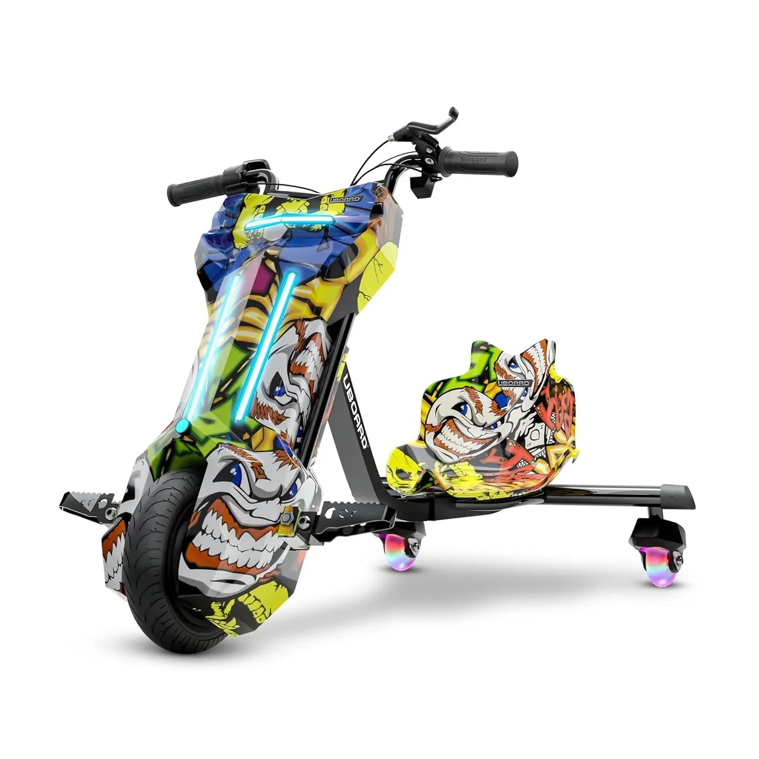 Uboard Multicolored 3-Wheel Drifter for Kids 6+: LED Lights, Bluetooth, Front Disc Brakes - Jaiman Toys