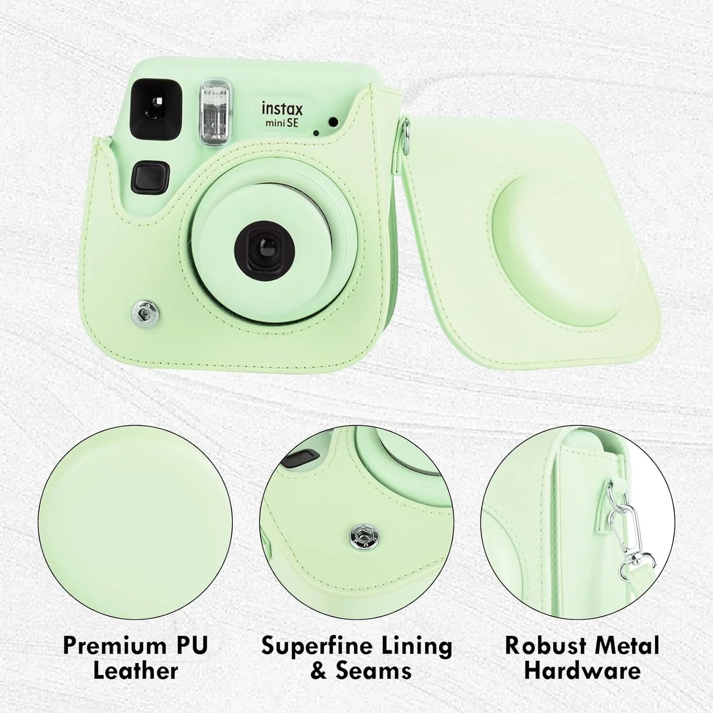 PU Leather Camera Case for Instax Mini SE – Protective Pouch with Adjustable Shoulder Strap - Green - Jaiman Toys