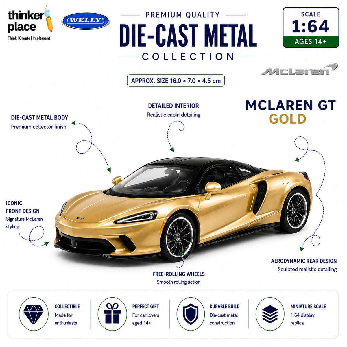 Welly 1:64 McLaren GT Gold Die-Cast Metal Model Car