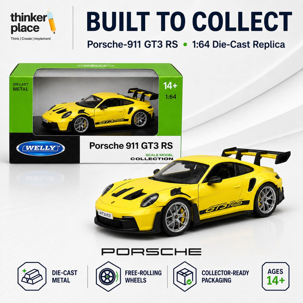 Welly 1:64 Porsche 911 GT3 RS (992) Yellow Die-Cast Metal Model Car