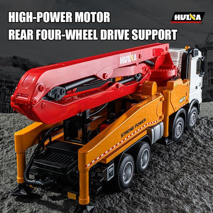 HUINA 1381 1:18 RC Concrete Pump Truck | 11CH 2.4GHz Semi-Alloy 4WD Engineering Vehicle with Water Spray, Lights & Sound