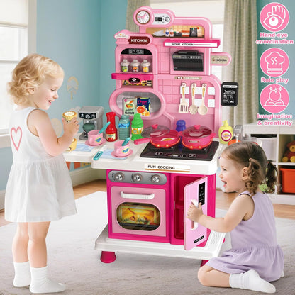 Mini Chef 56 PCS Kids Pretend Play Kitchen Set with Lights, Sounds, Cooking Stove, Sink & Accessories – Pink