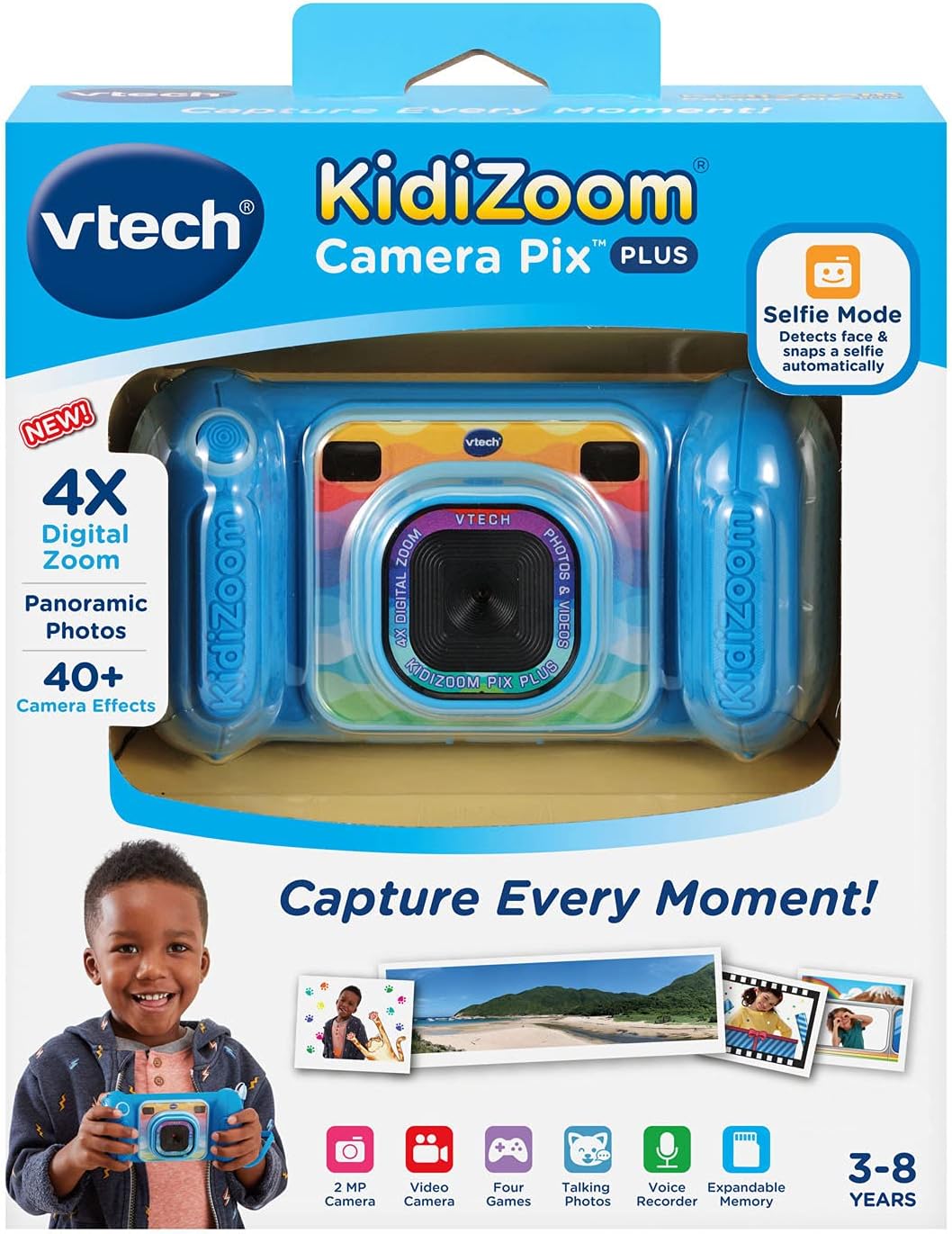 VTech KidiZoom Camera Pix Plus, Blue | Kids Digital Camera with 4X Digital Zoom, Selfie Mode, HD Photos & Videos, Voice Recorder, Games & Expandable Memory