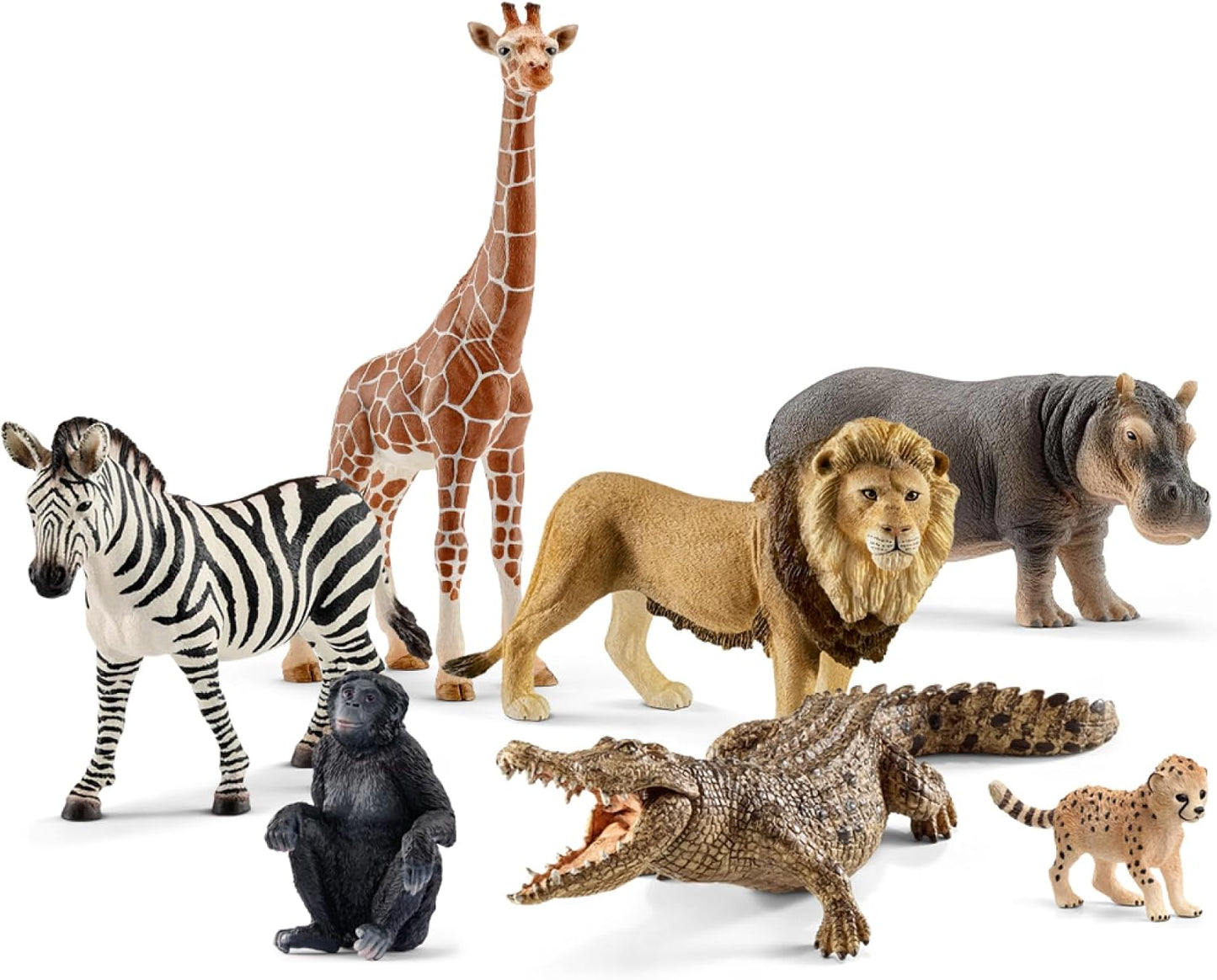 Schleich Wild Life - 7PC Savannah Animal Toy Bundle | 77763 | African Wildlife Playset, Zebra Giraffe Monkey Alligator Cheetah Hippo Lion Figurines