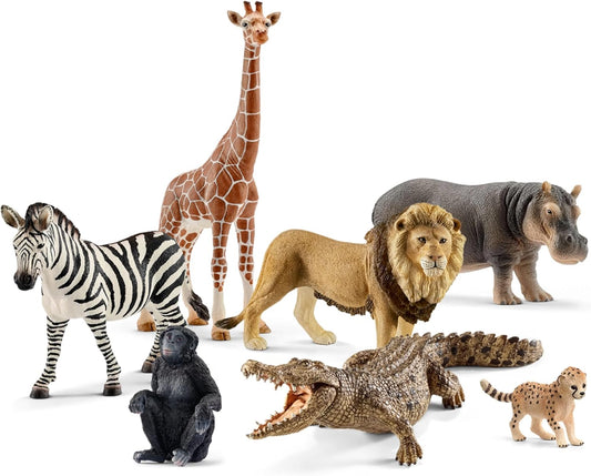 Schleich Wild Life - 7PC Savannah Animal Toy Bundle | 77763 | African Wildlife Playset, Zebra Giraffe Monkey Alligator Cheetah Hippo Lion Figurines