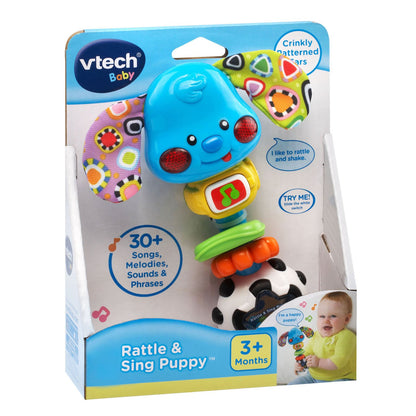 VTech Baby Rattle & Sing Puppy | Musical Light-Up Baby Rattle with Songs, Sounds & Sensory Textures | Infant Toy for 3+ Months
