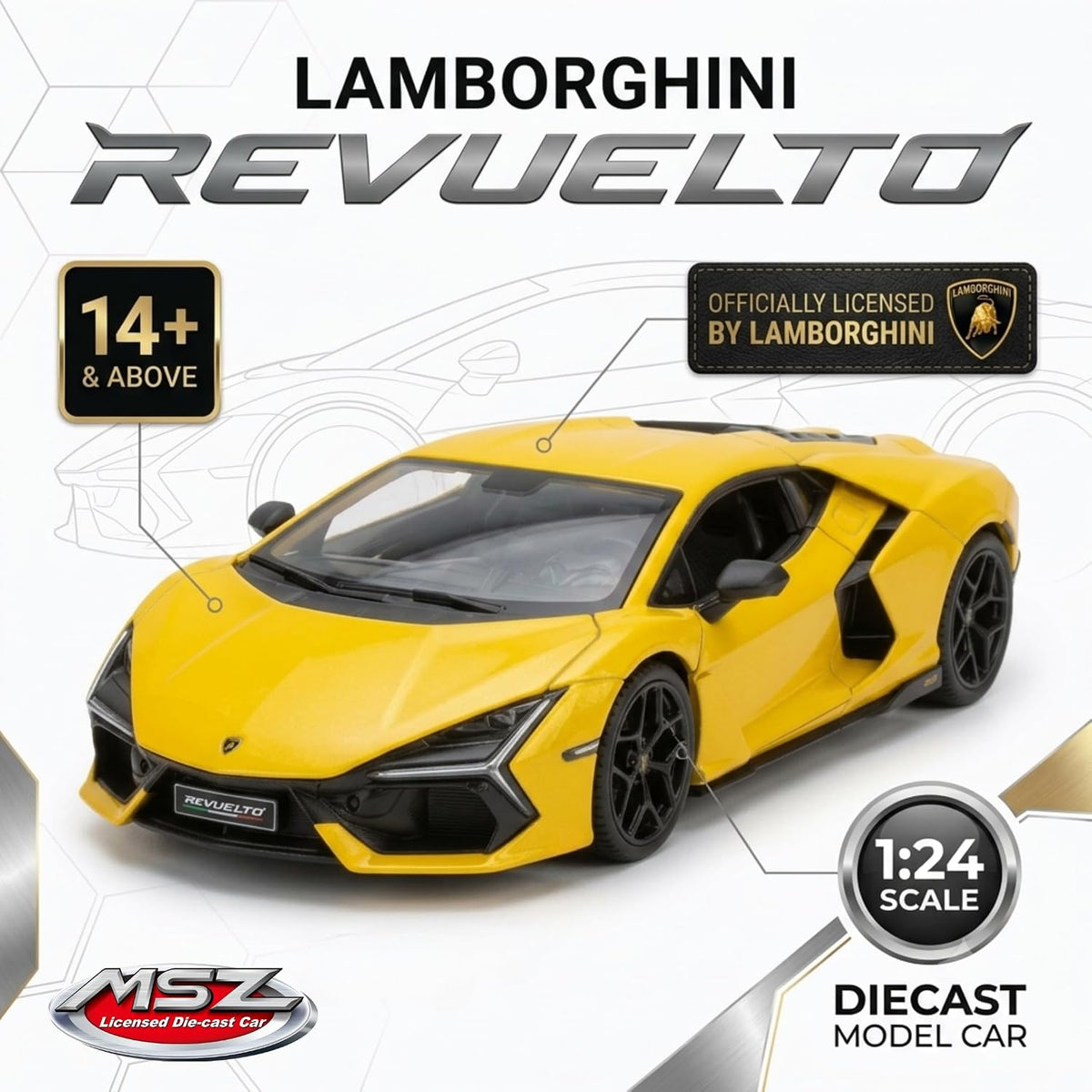 MSZ 1:24 Lamborghini Revuelto Diecast Supercar Model Scale, Yellow – Collectible Display & Gift for Car Enthusiasts
