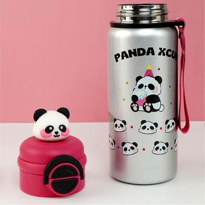 Panda Kids Water Bottle 500ML with Straw Lid – Leakproof Cartoon School Water Bottle for Children (Silver)