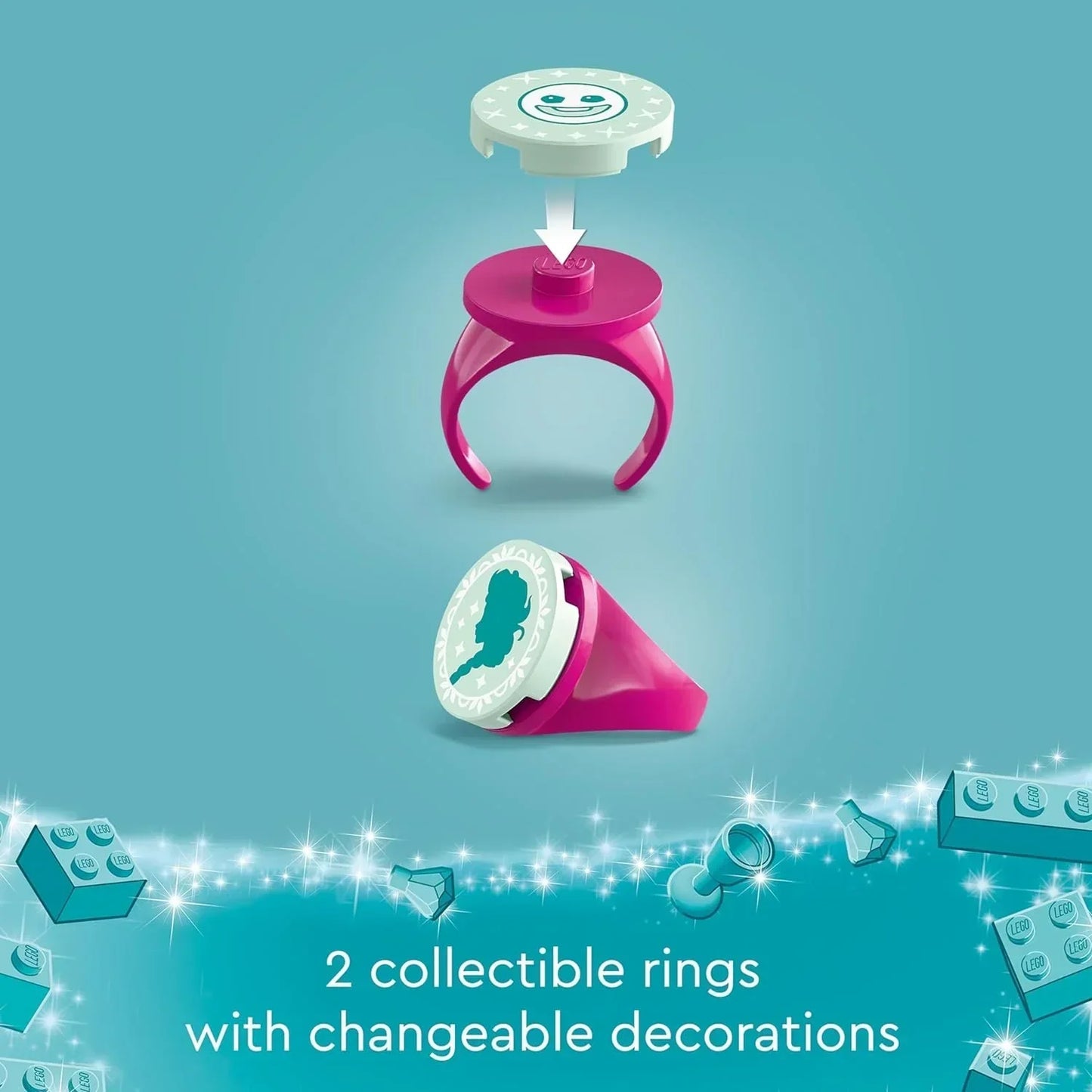 LEGO collectible rings with changeable decorations and pink band, two ring designs shown.