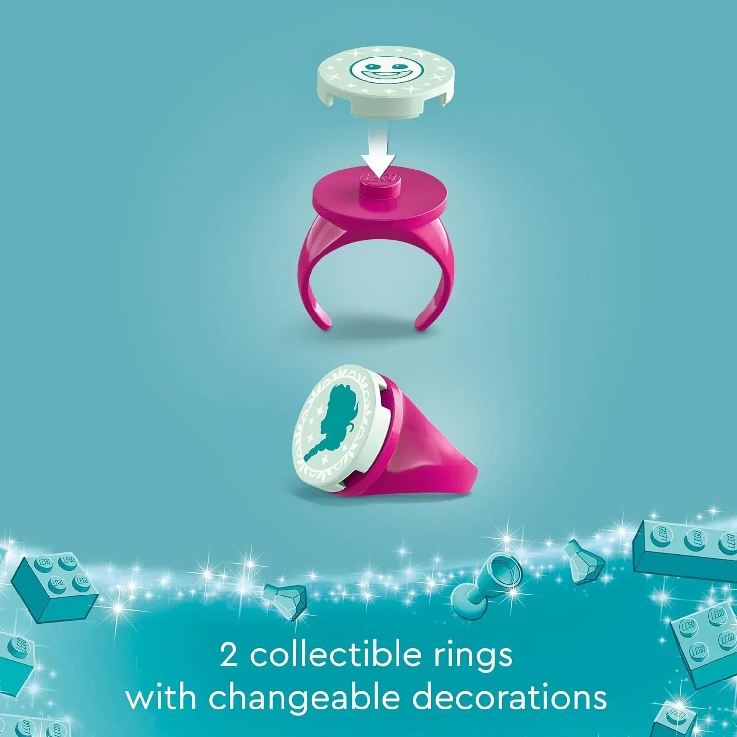 LEGO collectible rings with changeable decorations and pink band, two ring designs shown.