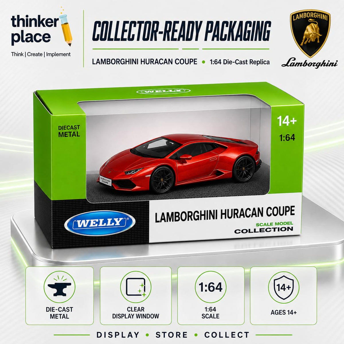 Welly 1:64 Lamborghini Huracan Coupe Red Diecast Metal Model Car | Collectible Supercar for Ages 14+