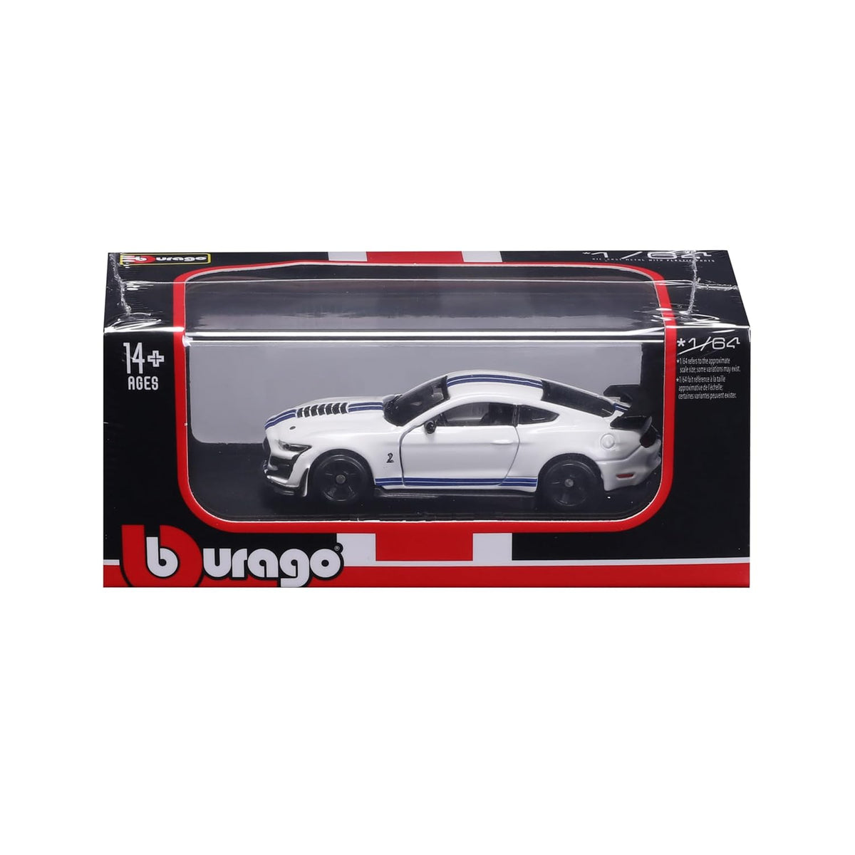 Bburago 1:64 2020 Ford Mustang Shelby GT500 Die-Cast Model Car | Metal Collectible Sports Car with Display Stand – White, Ages 14+