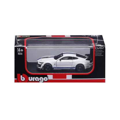 Bburago 1:64 2020 Ford Mustang Shelby GT500 Die-Cast Model Car | Metal Collectible Sports Car with Display Stand – White, Ages 14+