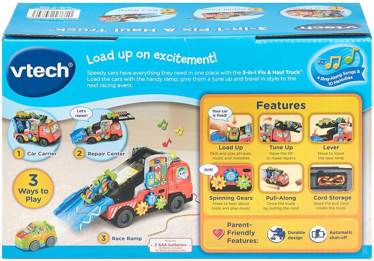 VTech 3-in-1 Fix and Haul Truck | Interactive Tow Truck, Car Carrier & Repair Playset with Lights, Sounds, Tool Activities and 2 Smart Cars