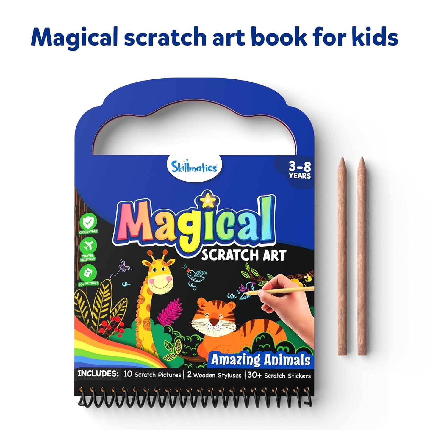 Skillmatics Paper Magical Scratch Art Book For Kids - Animals, Craft Kits & Supplies, Diy Activity & Stickers, Gifts For Toddlers, Girls & Boys Ages 3, 4, 5, 6, 7, 8, Travel Toys, Multicolor