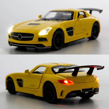 1:32 Mercedes SLS AMG Die-Cast Metal Model Car – Pull Back Toy Car with Openable Doors, Light & Sound (Yellow) - Jaiman Toys
