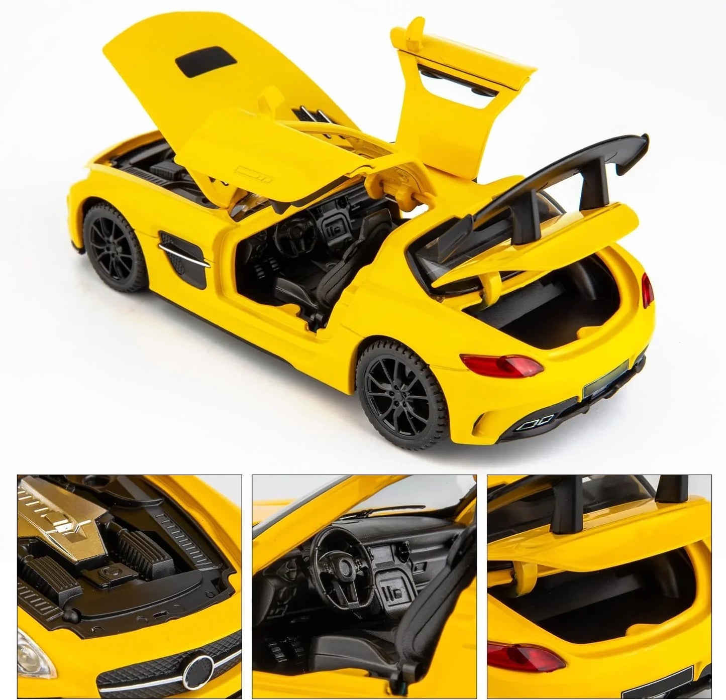 1:32 Mercedes SLS AMG Die-Cast Metal Model Car – Pull Back Toy Car with Openable Doors, Light & Sound (Yellow) - Jaiman Toys