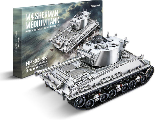 Piececool 3D Metal Puzzle M4 Sherman Medium Tank – 512 Pieces – Military Series – Difficulty Level 4 – Stainless Steel DIY Model Kit-Age16+