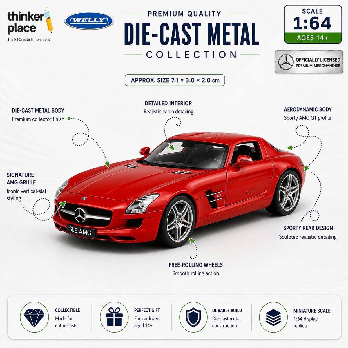 Welly 1:64 Mercedes-Benz SLS AMG Dark Red Die-Cast Metal Model Car