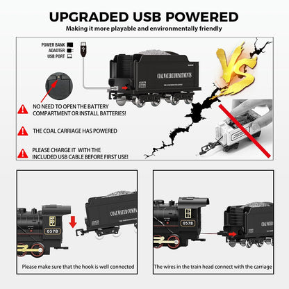 Classic Steam Train Set with Remote Control, Smoke, Whistle & Lights | Rechargeable Railway Toy with Cargo Cars & Tracks