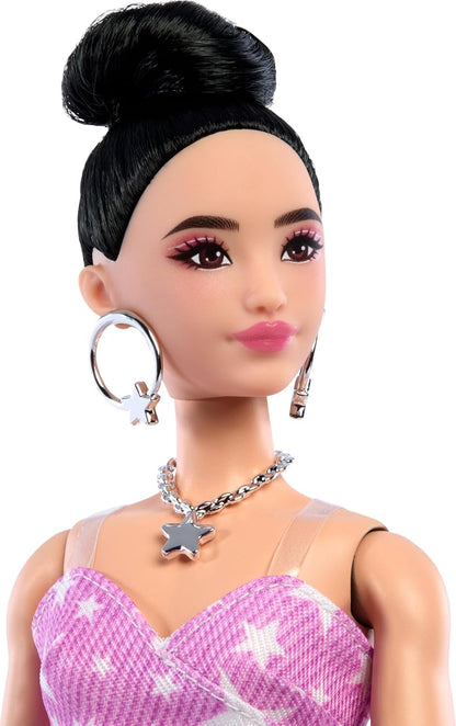 Barbie Deluxe Style Doll #11 in Pink Denim Dress with Printed Stars and Matching Tights Black Hair Tied High Knot JJN71