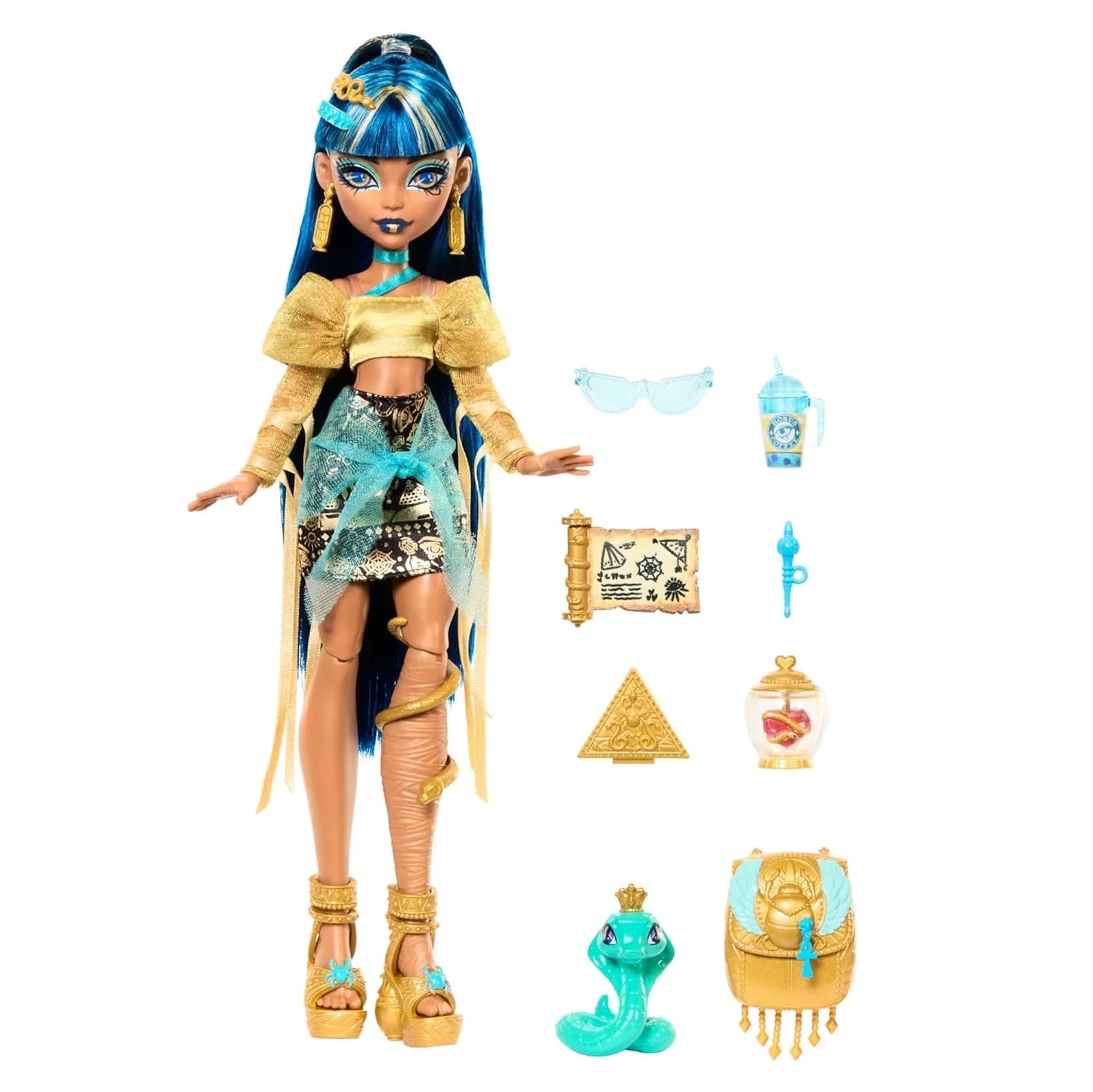 Monster High Cleo De Nile Doll – Golden Blouse & Layered Skirt | Includes Pet Cobra Hissette, Backpack & Accessories - Jaiman Toys
