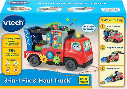 VTech 3-in-1 Fix and Haul Truck | Interactive Tow Truck, Car Carrier & Repair Playset with Lights, Sounds, Tool Activities and 2 Smart Cars