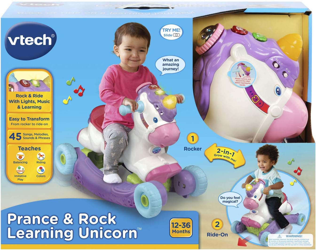 VTech Prance & Rock Learning Unicorn 3-in-1 Ride-On, Rocking Horse & Scooter for Toddlers | Interactive Musical Learning Toy with Lights & Sounds