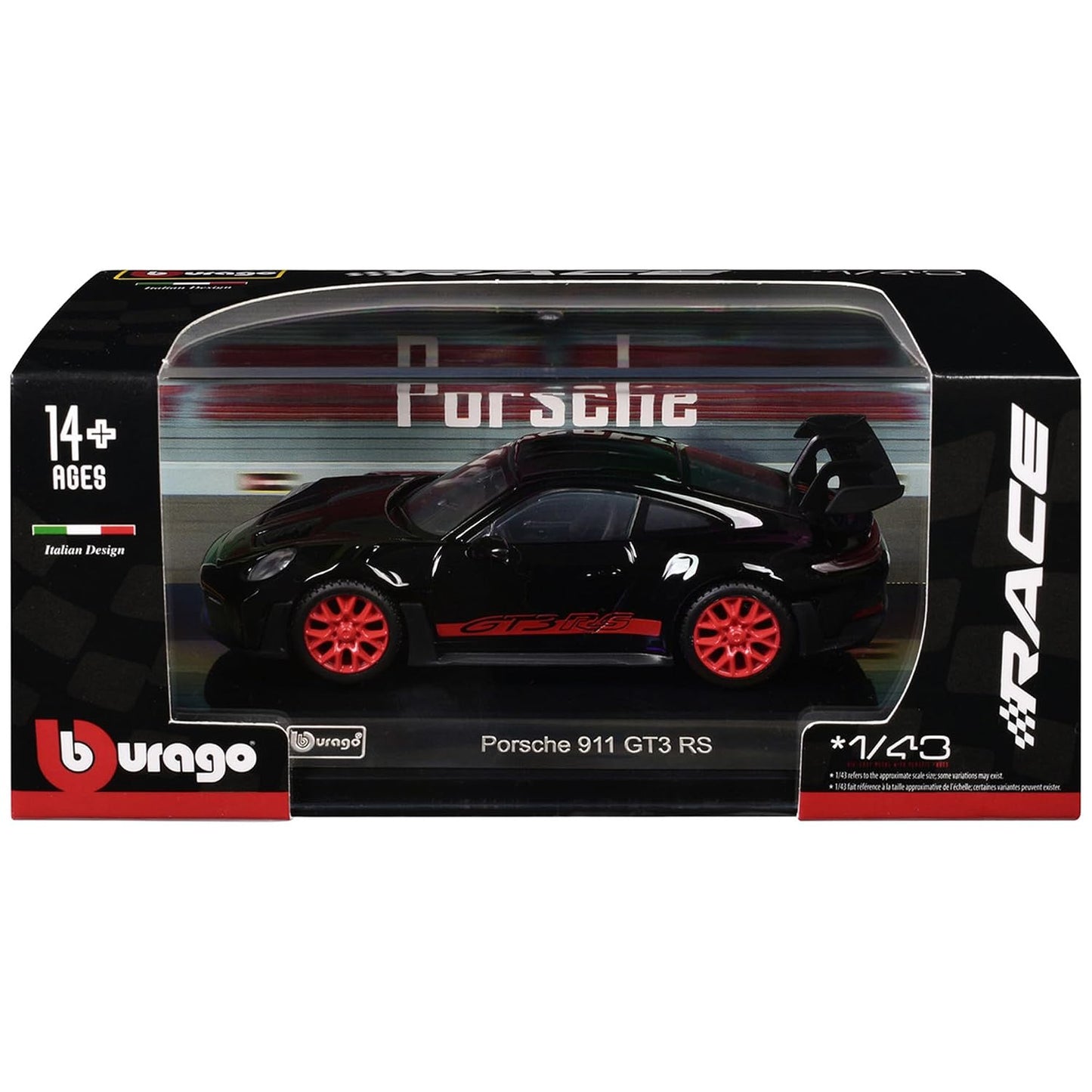 Bburago 1:43 Porsche 911 GT3 RS Die-Cast Model Car | Metal Collectible Sports Car with Red Wheels, Racing Graphics & Display Base – Black, Ages 14+