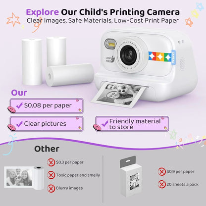 Instant Print Camera – 1080P Digital Video, Photo & Travel Toy Gift (White)
