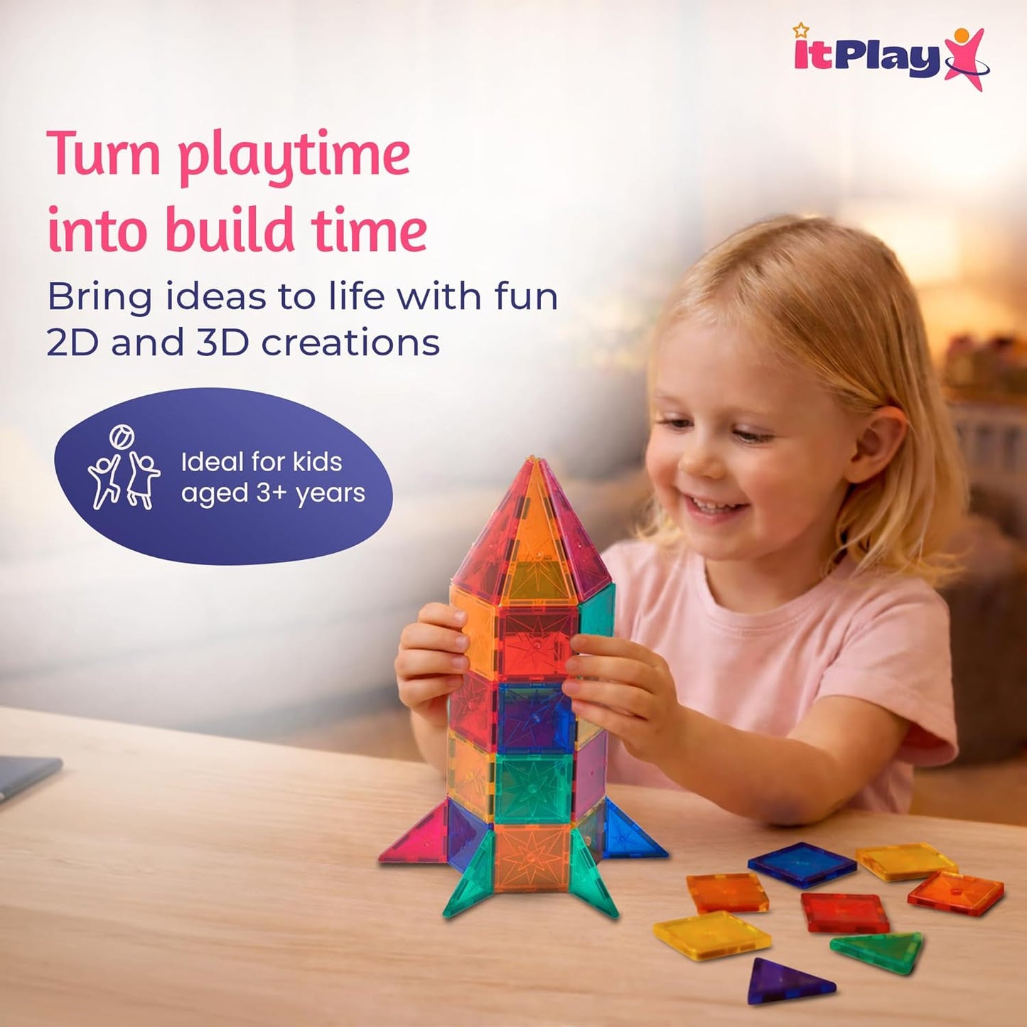ItPlay Magnetic Tiles 68 Pieces Set for Kids | STEM Educational Magnetic Building Blocks Construction Toy