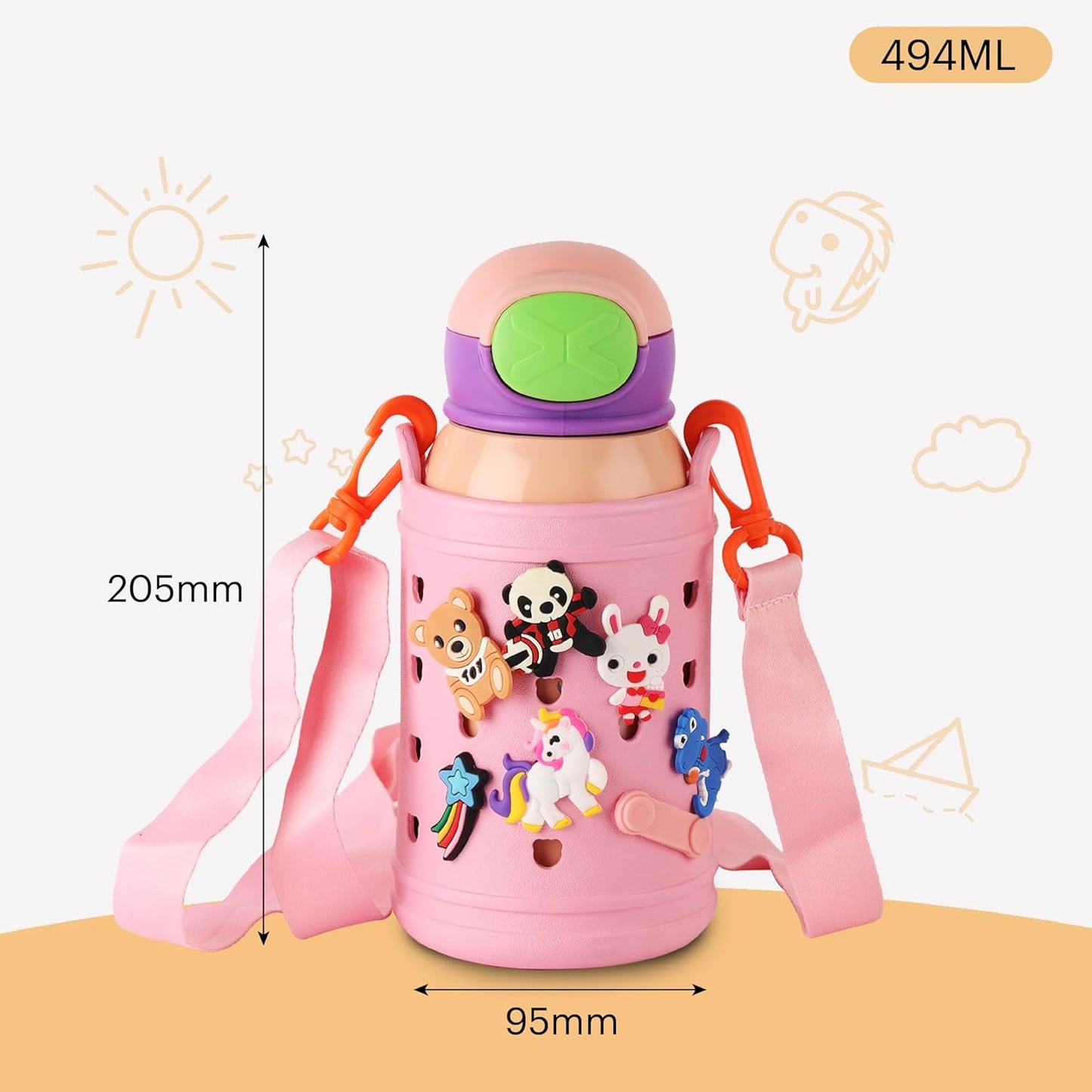Kids Insulated Stainless Steel Water Bottle with Carry Pouch – Leakproof School Bottle with Shoulder Strap (Unicorn Design)