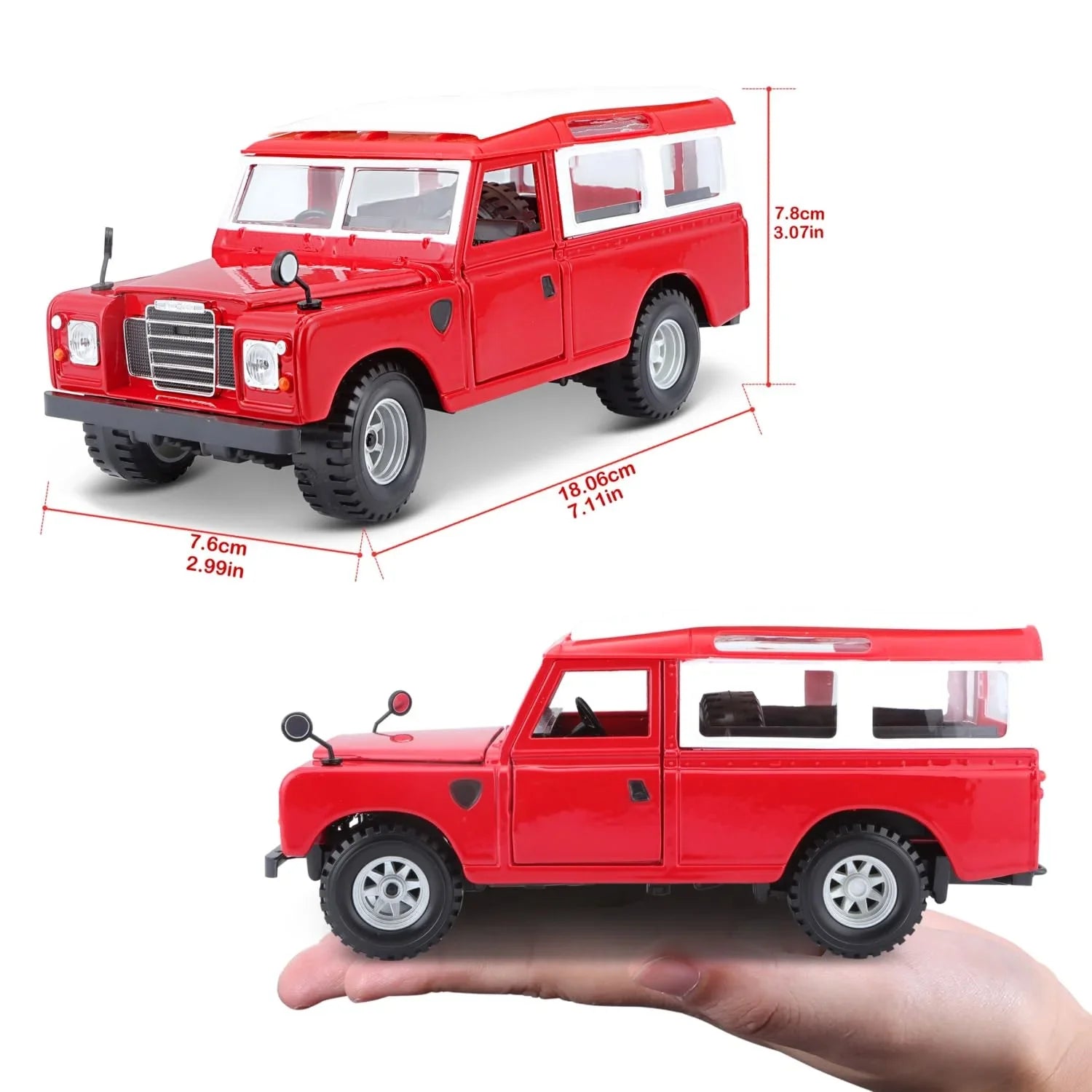 Bburago 1:24 Scale Die-Cast Land Rover Series II – Red with White Roof - Jaiman Toys
