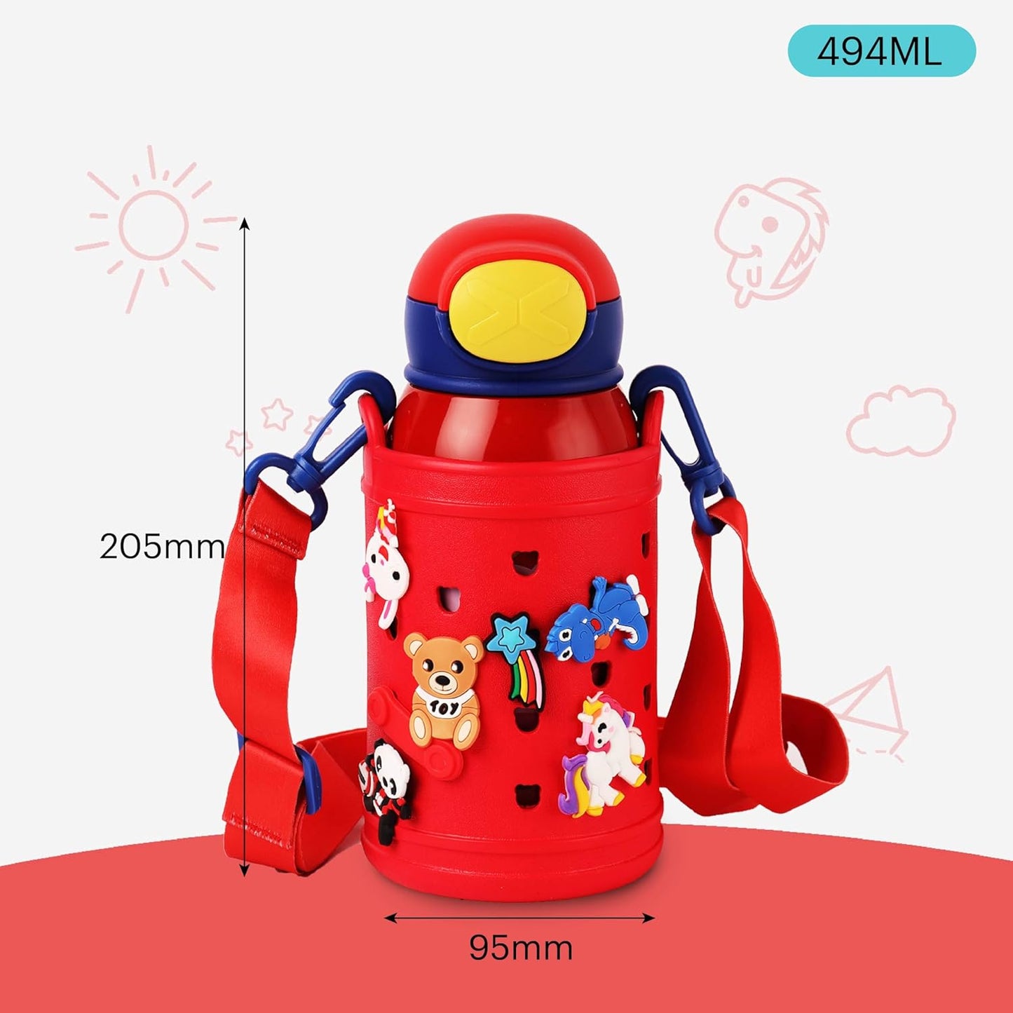 Kids Insulated Stainless Steel Water Bottle with Carry Pouch – Leakproof School Bottle with Shoulder Strap (Cartoon Animal Design)