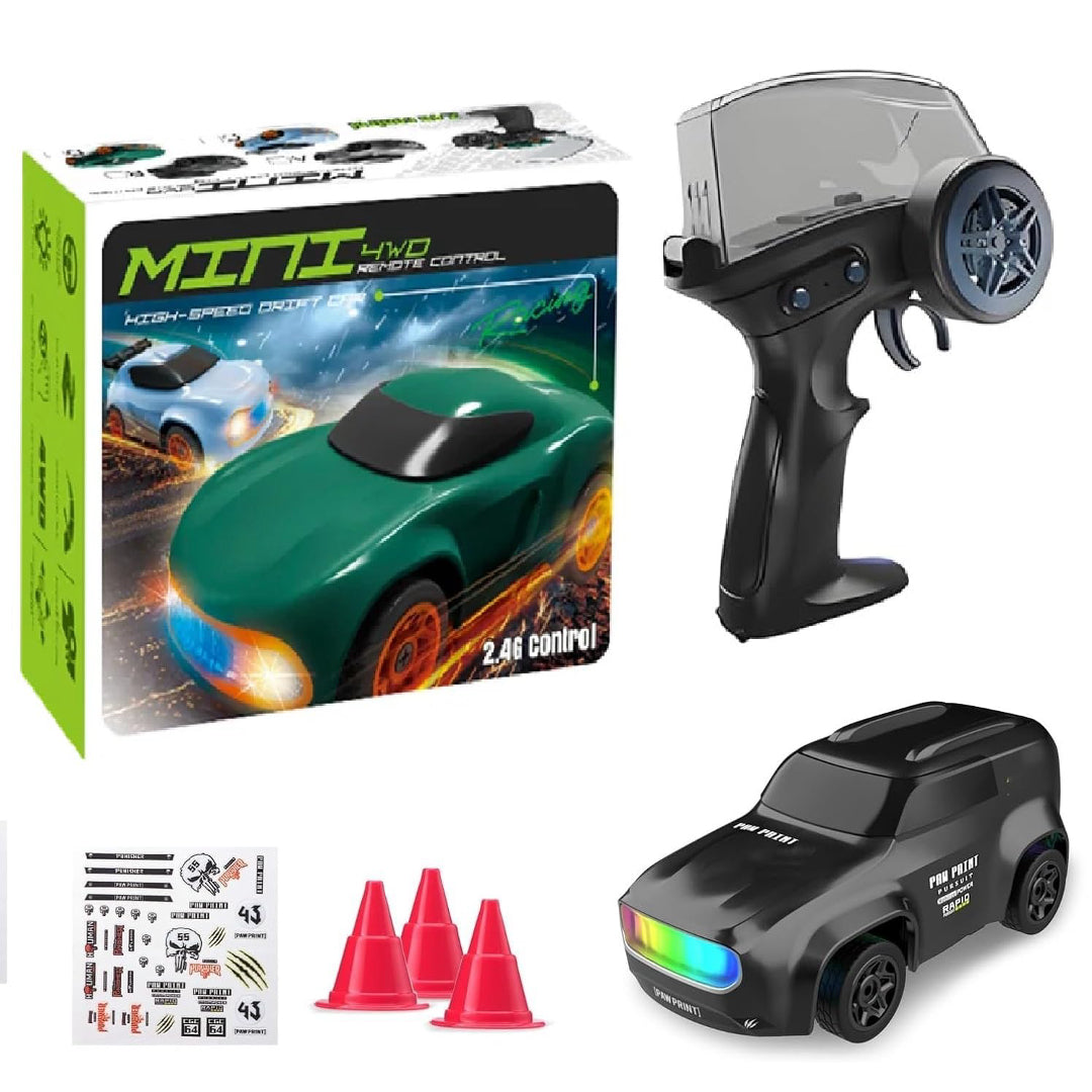Mini 4WD Q197 1:64 Scale LED Drift RC Car – 2.4GHz Remote Control, Type-C Fast Charge, Adjustable Drift Modes (Black)