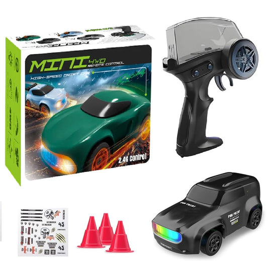 Mini 4WD Q197 1:64 Scale LED Drift RC Car – 2.4GHz Remote Control, Type-C Fast Charge, Adjustable Drift Modes (Black)