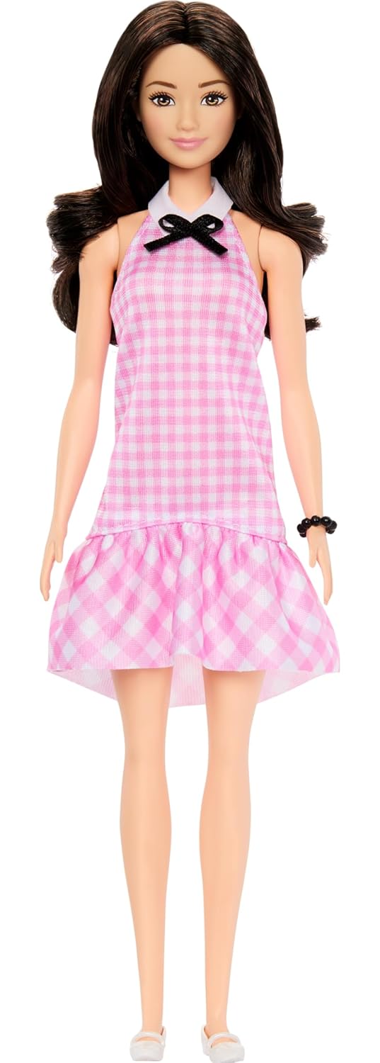 Barbie Fashionistas Doll #224 – 65th Anniversary Collectible with Black Wavy Hair & Pink Gingham Dress