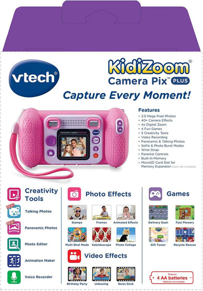 VTech KidiZoom Camera Pix Plus, Pink | Kids Digital Camera with 4X Digital Zoom, Selfie Mode, HD Photos & Videos, Voice Recorder, Games & Expandable Memory