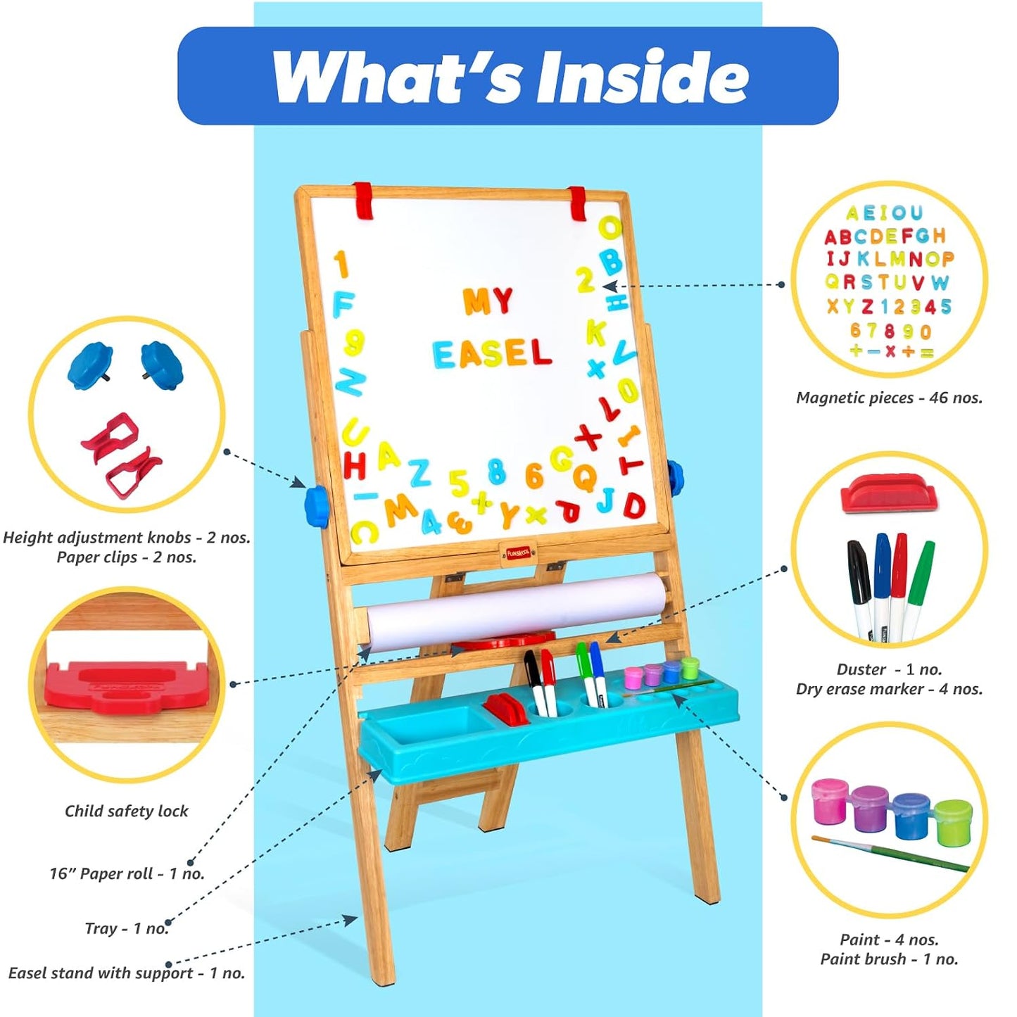 Giggles Funskool My First Easel, 4in1 Double Sided Wooden Magnetic Board with Alphabets & Numbers, Learning, Fun & Engaging Activity,