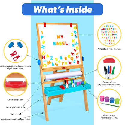 Giggles Funskool My First Easel, 4in1 Double Sided Wooden Magnetic Board with Alphabets & Numbers, Learning, Fun & Engaging Activity,