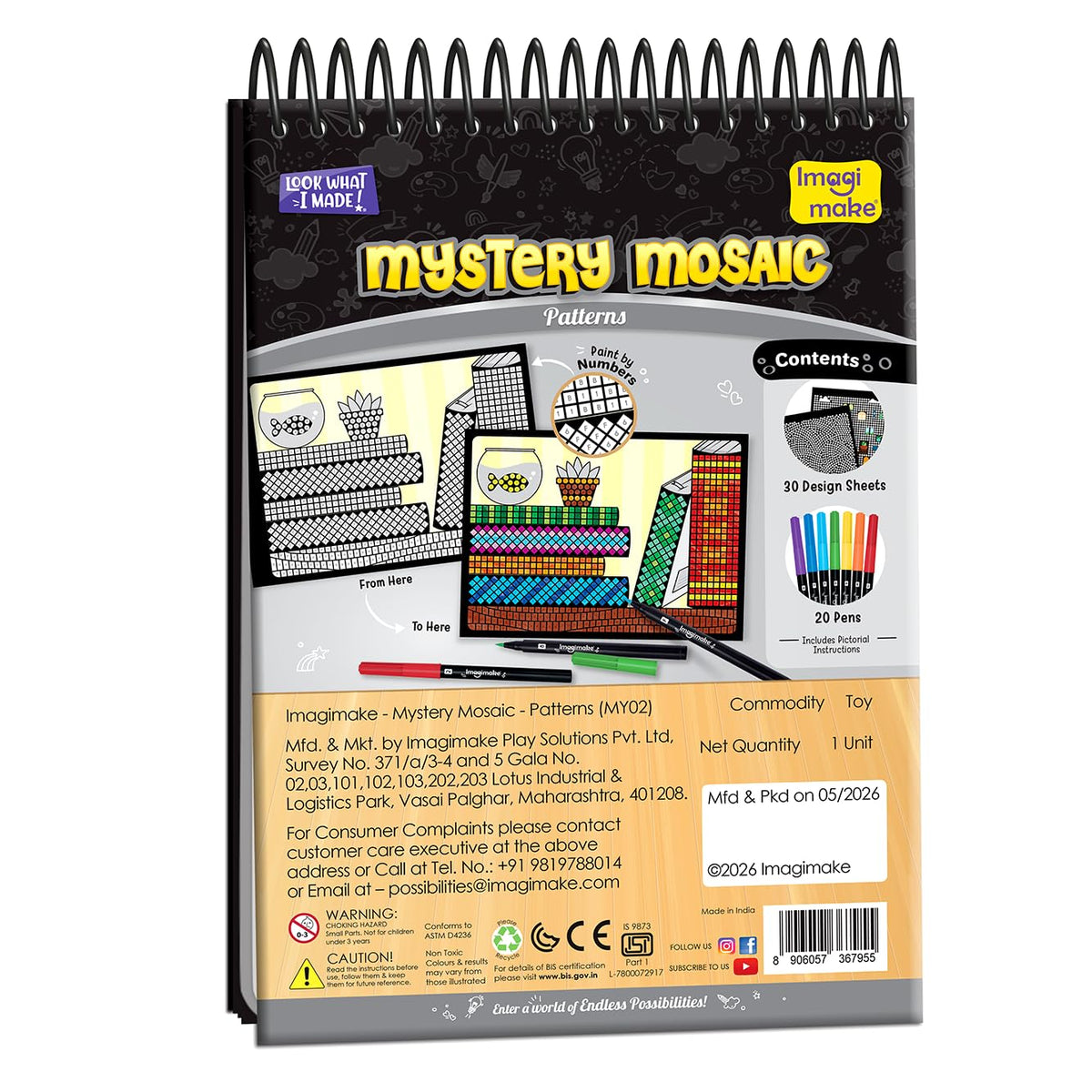 Imagimake Look What I Made! Mystery Mosaic Patterns Paint by Numbers Art Kit with 30 Designs & 20 Colour Pens – Creative Activity Set for Kids Ages 6+