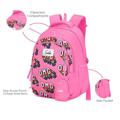 Genie School Bags OMG Kids Backpack – 15" Cute & Colorful Bag for Girls with Happy Pouch - Jaiman Toys