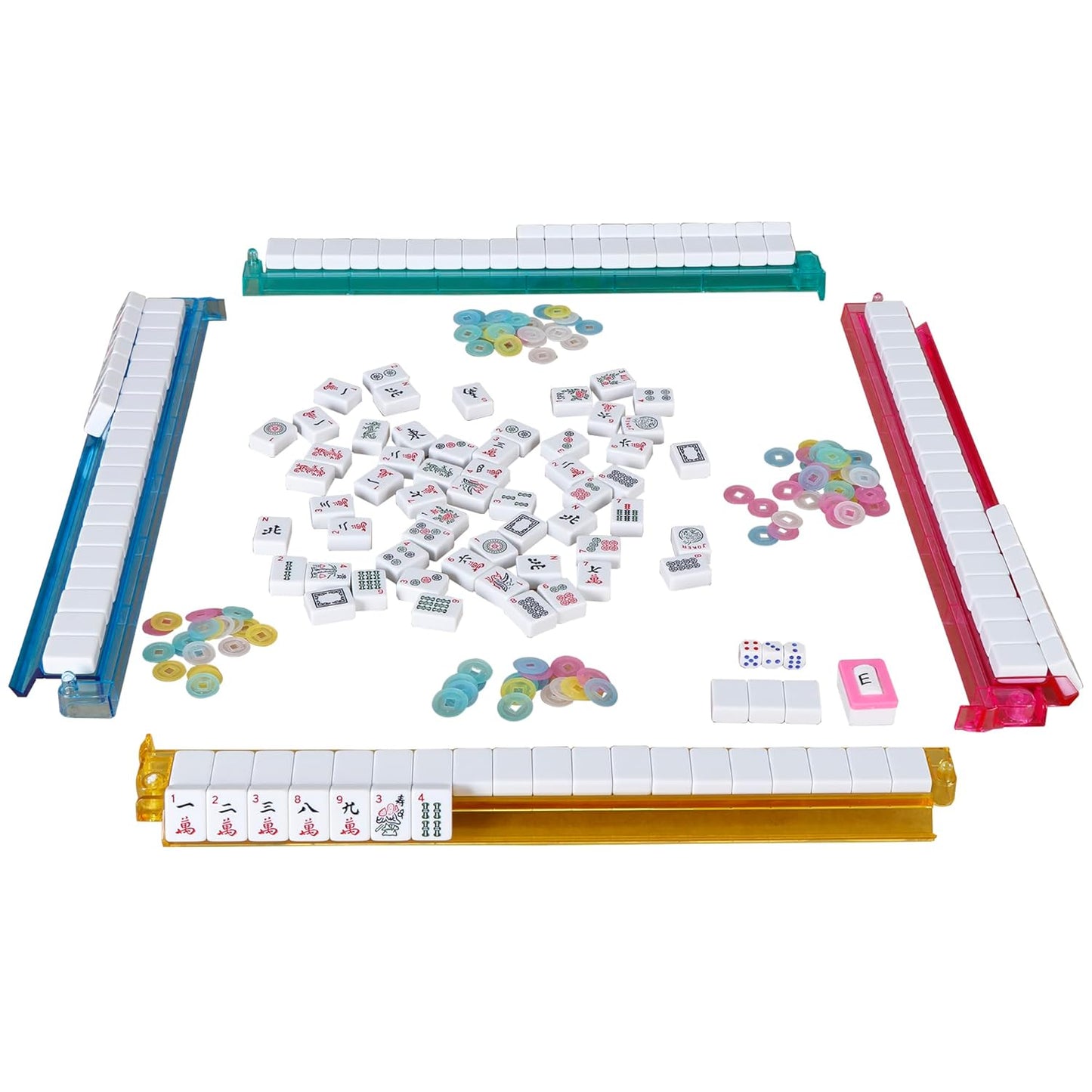 American Mahjong Set – 166 Tiles Complete Mah Jongg Game with 4 Color All-in-One Rack Pushers, Red Soft Carry Bag & Accessories | Classic Full Size Mahjong Tile Set