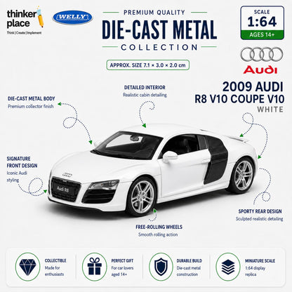 Welly 1:64 Audi 2009 R8 V10 Coupe White Die-Cast Metal Model Car